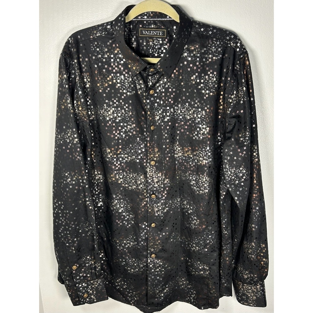 Mens Valente Long Sleeve Button Up Evening Shirt Black/Gold/Silver Disco XXL
